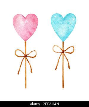 Aquarell-Set mit rosa und blauen herzförmigen Lollipops mit Schleifen. Handgezeichnete Illustration isoliert auf weißem Hintergrund. Stockfoto