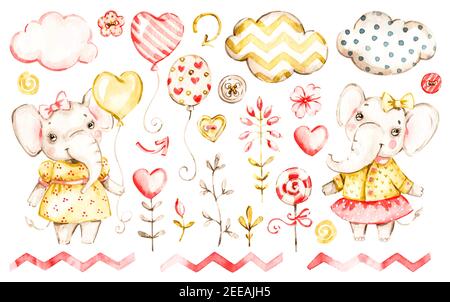 Niedliche Elefant Baby Mädchen. Aquarell Vektor Kindergarten Cartoon Dschungel Tiere, niedliche Wolken, Luftballons. Entzückende Kindergärten Safari-Set Stock Vektor