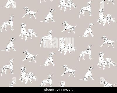 Dalmatian Cartoon Hand gezeichnet nahtlose Muster, gepunktete weiße schwarze Hunde nahtlosen Hintergrund. Welpen-Druck Stock Vektor
