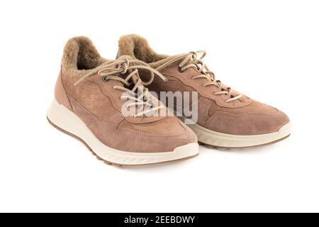 Das Paar von stilvollen Wildleder Schuhe isoliert auf weißem Hintergrund. Stockfoto