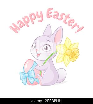 Süßes Häschen mit Ei und Narzissen. Frohe Ostern Gruß mit Cartoon-Vektor-Illustration auf weißem Hintergrund. Stock Vektor