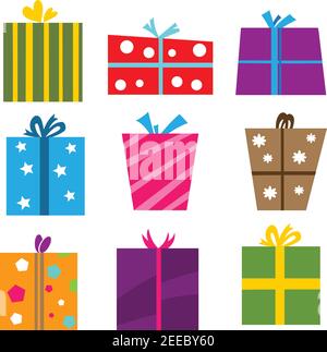 Bunte Geschenkboxen mit Schleifen und Bändern Vektor-Set. Geschenkkartons Vektor-Illustration Stock Vektor