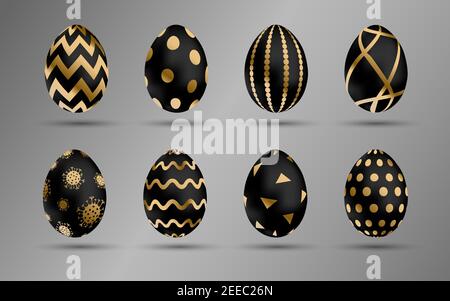 Ostereier Set schwarz. Luxus-Eier mit verschiedenen Gold-und weißen Ornamenten. Frühlingsurlaub. Realistische Vektordarstellung. Für Grußkarte, Promotion Stock Vektor