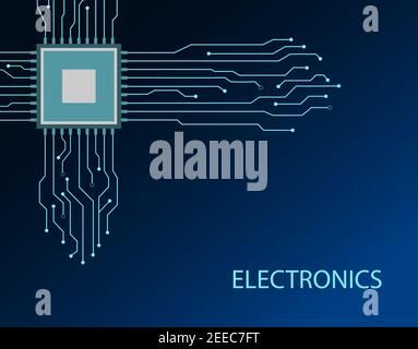 Leiterplatte cpu. Blauer Elektronik-Hintergrund mit Linie. Leiterplattenmuster-Technologie. vektorgrafik in flacher Form. Stock Vektor