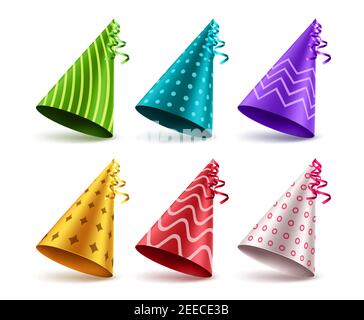 Geburtstag Hut Vektor-Set-Design. Geburtstagshut 3D realistische Elemente mit Mustern für Kinder Party Feiern und Event Dekorationen. Vektor Stock Vektor