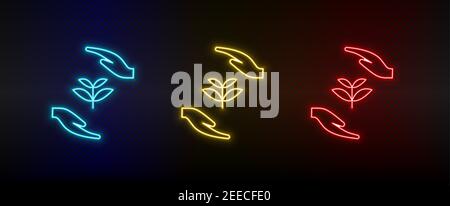 Neon Icon Set sicher, Erde, Hände. Set von roten, blauen, gelben Neon-Vektor-Symbol Stock Vektor