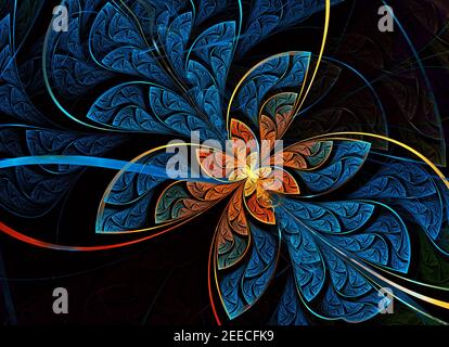 Mehrfarbige symmetrische Fraktal-Muster als Blume oder Schmetterling in Buntglas-Fenster-Stil. Computergenerierte Grafiken. Stockfoto
