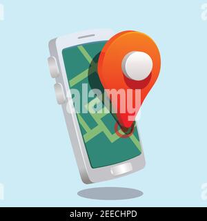 Karte Pin Position im Smartphone. Geo lokalisieren, Zeiger Symbol. 3D Stil wie Vektor-Illustration Stock Vektor