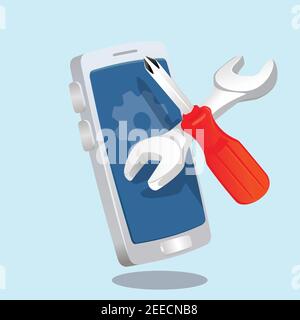 Schraubenschlüssel und Schraubendreher. Reparatur und Service auf Spartphone 3D Spielzeug wie Vektor-Illustration Symbol. Stock Vektor