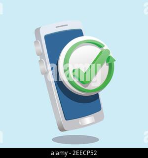 Symbol für Aktualisieren, Neu laden, Aktualisieren, Rückgängig machen, Rotationsvektor. Wiederholen Symbol. Pfeil looping und Häkchen auf Smartphone-Symbol. 3D Stil wie Vektor illustratio Stock Vektor