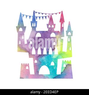 Festliche Schloss Silhouette mit Aquarell-Textur auf weißem Hintergrund. Prinzessin Palast mit Türmen und Fahnenband. Märchenschloss handgezeichnet mit Co Stockfoto