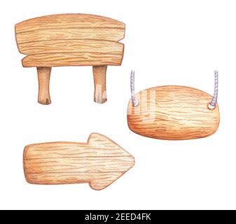 Holzbretter isoliert auf weißem Hintergrund. Aquarell Holz Zeichen Pfeil Banner. Handgezeichnete Holzstruktur mit Platz für Text. Kinder Buch Design elemen Stockfoto
