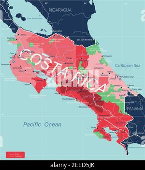 Costa Rica Land detaillierte editierbare Karte mit Regionen Städte und Städte, Straßen und Eisenbahnen, geografische Standorte. Vector EPS-10-Datei Stock Vektor