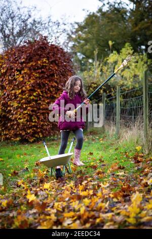 Kleines Mädchen, das an einem Herbsttag Blätter rakend, Kent Stockfoto