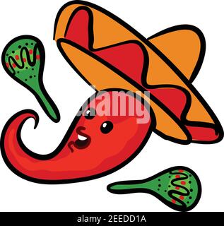 Cinco de Mayo. 5th Mai. Lustige Karikatur Chili in einem Sombrero spielen auf Maracas. Stock Illustration Stock Vektor