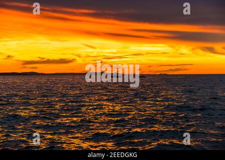 Hintergrund mit Landschaft von Sonnenuntergang über dem Meer, Blick vom Strand in Zadar, Dalmatien, Kroatien Stockfoto