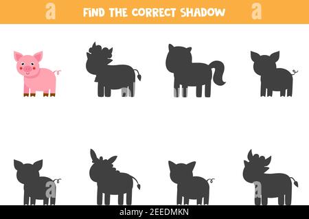Finden Sie den richtigen Schatten der Bauernhof Schwein. Pädagogische logische Spiel für Kinder. Stock Vektor