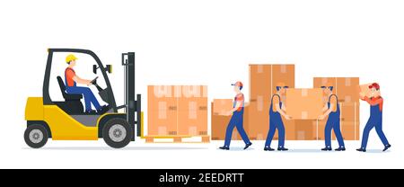 Männer beladen Kisten auf Gabelstapler. Lieferservice. Stock Vektor