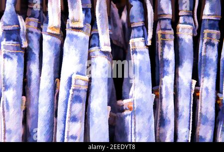 Blaue Jeans-Reihe in Warderobe oder auf Lager Kleiderbügel. Binde Dye Jeans digitale Illustration. Tragen Sie jeden Tag auf Kleiderbügel im Geschäft. Fashion Shop Black Friday Sale. Stockfoto