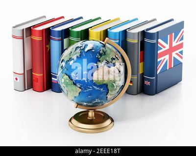 Erdglobmodell und Wörterbücher mit verschiedenen Flaggen isoliert auf weißem Hintergrund. 3D Abbildung. Stockfoto