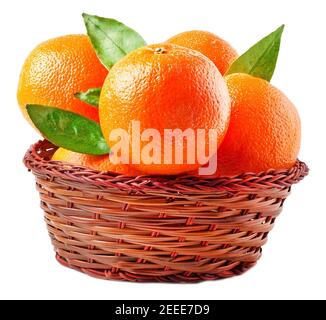 Orangen im Korb auf weißem Hintergrund Stockfoto