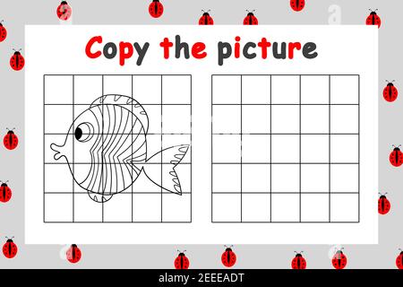 Kopieren Sie das Bild. Pädagogisches Spiel für Kinder. Süßer Fisch. Zeichenaktivität für Kinder. Bunte Cartoon Vektor Illustration. Stock Vektor
