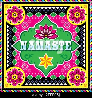 Namaste Vektor-Design von pakistanischen oder indischen LKW-Kunst inspiriert Mit Lotusblume und goemetrischen Formen Stock Vektor