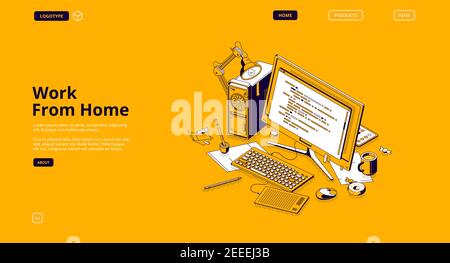 Arbeiten von zu Hause isometrische Landing Page, Programmierer Arbeitsplatz, Büro, Freiberufler Tisch mit Computer-Monitor mit Codierungsdaten, Kaffee und Schreibwaren auf dem Schreibtisch, 3D Vektor-Linie Kunst Web-Banner Stock Vektor