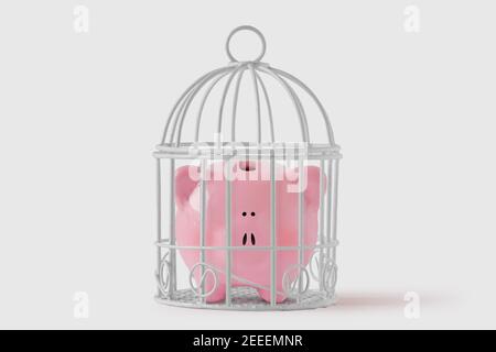 Sparschwein in einem Käfig auf weißem Hintergrund geschlossen - Konzept der Wirtschaft und Einsparungen Stockfoto