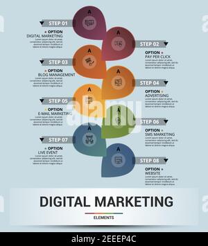 Infografik Digital Marketing Vorlage. Symbole in verschiedenen Farben. Gehören Digital Marketing, Pay per Click, Blog-Management, Werbung und andere. Stock Vektor