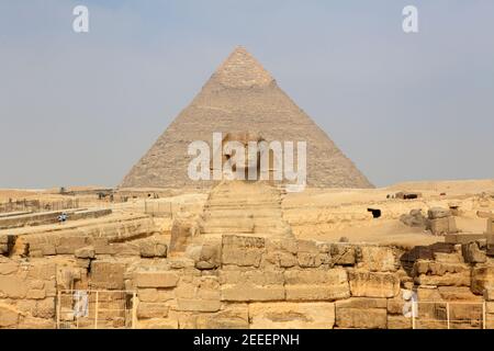 Die große Sphinx von Gizeh gegen die Pyramide des Chephren, Ägypten Stockfoto