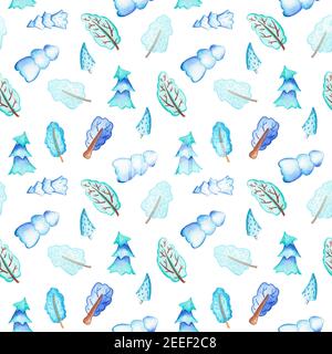 Weihnachtswald im Schnee nahtlose Muster auf weißem Hintergrund. Weihnachtsbaum Verpackung Papier Aquarell Illustration. Blaue verschneite Bäume für Neujahr. N Stockfoto