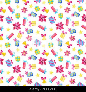 Weihnachtsgeschenk und Weihnachtsstern nahtlose Muster auf weißem Hintergrund. Weihnachts-Geschenkpapier mit Aquarell-Illustration. Festliche Neujahrsstruktur. N Stockfoto