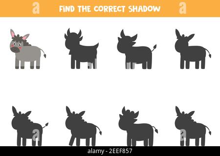 Finden Sie den richtigen Schatten der Farm Esel. Pädagogische logische Spiel für Kinder. Stock Vektor