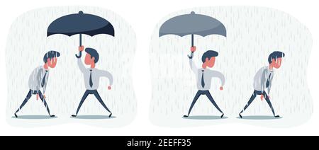 Business man mit einem Regenschirm. Geschäftsmann mit geöffnetem Schirm. Menschen im Regen. Geschäftsmann aus dem Regen gehen, während ein anderer Geschäftsmann hat die Stock Vektor