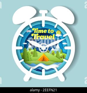 Time to travel Vektor Poster Banner Design Vorlage. Papierschnitt-Uhr mit Touristenzelt am Flussufer. Camping im Sommer. Stock Vektor