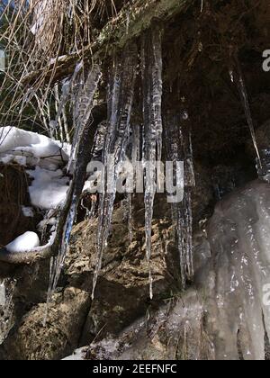 Tiefwinkelansicht von transparenten und funkelnden Eiszapfen auf einem Hang zwischen Felsen und trockenem Gras in der Wintersaison bei Todtnauer Wasserfällen bei Todtnau. Stockfoto