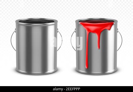 Farbdose, Blecheimer mit roten Tropfen, leere und gefüllte Metalltöpfe, silberfarbene Behälter mit Farbstoff für Renovierungsarbeiten isoliert auf transparentem Hintergrund, realistische 3D-Vektor-Illustration Stock Vektor