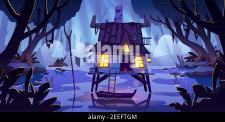 Stelzenhaus im Sumpf mit Boot in der Nacht. Marschlandschaft mit alter Hütte im Mondlicht. Vektor-Cartoon-Illustration von Holzhaus mit Glühfenstern in wilden Regenwald mit See, Teich oder Moor Stock Vektor