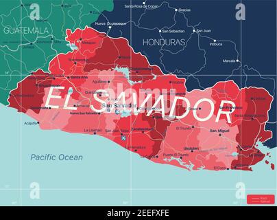 El Salvador Land detaillierte editierbare Karte mit Regionen Städte und Städte, Straßen und Eisenbahnen, geografische Standorte. Vector EPS-10-Datei Stock Vektor