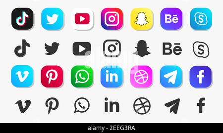 Satz der beliebtesten Social-Media-Logos auf Papier gedruckt: Facebook, Instagram Stock Vektor