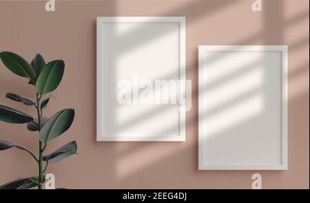 Zwei vertikale Bilderrahmen Mockup in weiß hängen an der Wand in 3D Rendering. Elegantes Wohndesign, leere Rahmenschablone, nordischer Stil Stockfoto