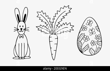 Osterset: Sitzender Hase mit und Karotte und verzierten Ei. Isolierte handgezeichnete Illustrationen auf weißem Hintergrund. Stock Vektor