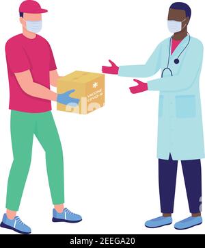 Lieferung Mann geben Impfstoff-Paket an Arzt flache Farbe Vektor Gesichtslose Zeichen Stock Vektor
