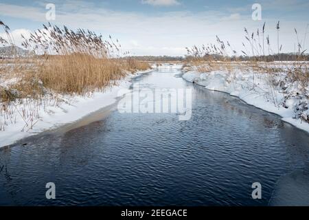 Der Fluss reest im Winter mit einer verschneiten Landschaft Im Naturschutzgebiet 'reestdal' im Weiler 'alt avereest' Stockfoto