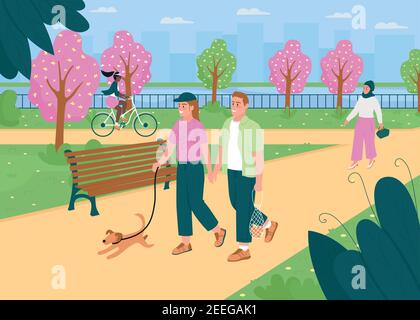 Menschen gehen im Frühling Park flache Farbe Vektor Illustration Stock Vektor