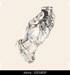 Männliche Hand hält einen Schuss Alkohol trinken. Handzeichnung Vektorgrafik Stock Vektor