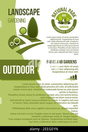 Outdoor grüne Landschaft Gestaltung Unternehmen und Gartenbau Organisation Poster. Vektor-Design von Park oder Wald Bäume und Wälder Garten Grün, e Stock Vektor
