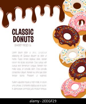 Donut Desserts Poster für Bäckerei oder Konditorei Café und Cafeteria oder Patisserie. Vektor-Design von Schokolade Donut Kuchen oder Kekse mit Karamell-Cand Stock Vektor