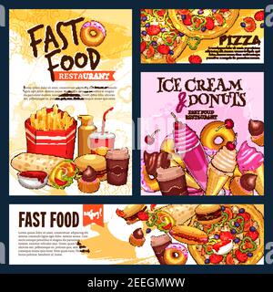 Fast-Food-Restaurant Poster oder Banner Vektor-Vorlagen Set von Eis, Limonade und Burger oder Hot Dog Sandwich und Donut Kuchen Dessert, Döner oder Stock Vektor